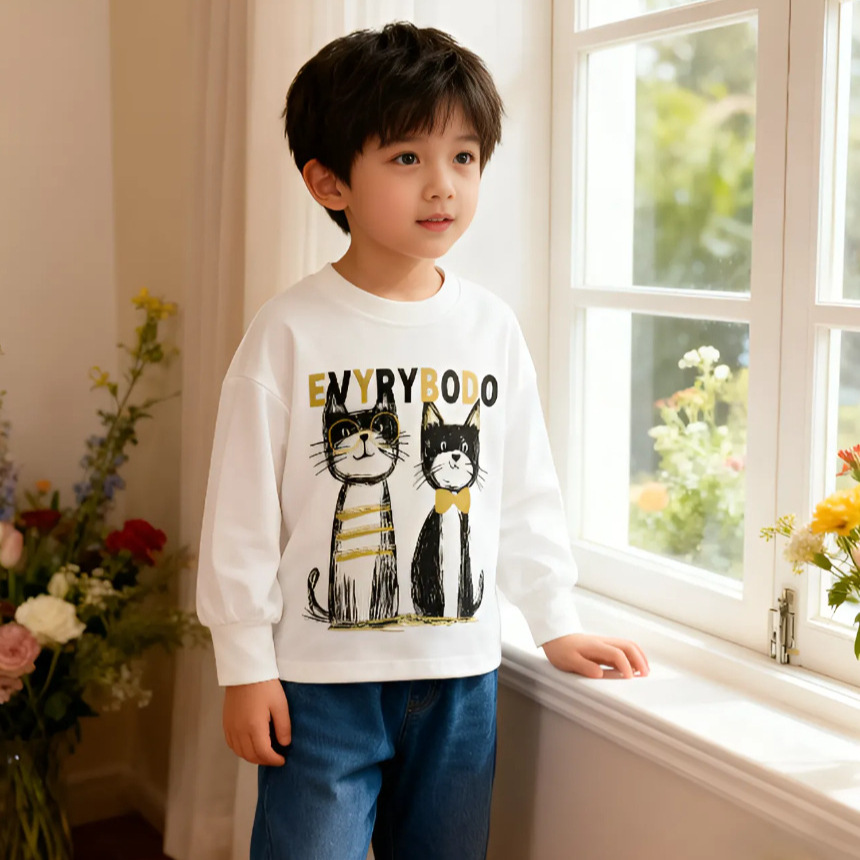 Boys' T-shirt 2025 Spring/Autumn Children's clothing, children's off-the-shoulder long-sleeved cute kitten top, children's clothing, all cotton Specification image