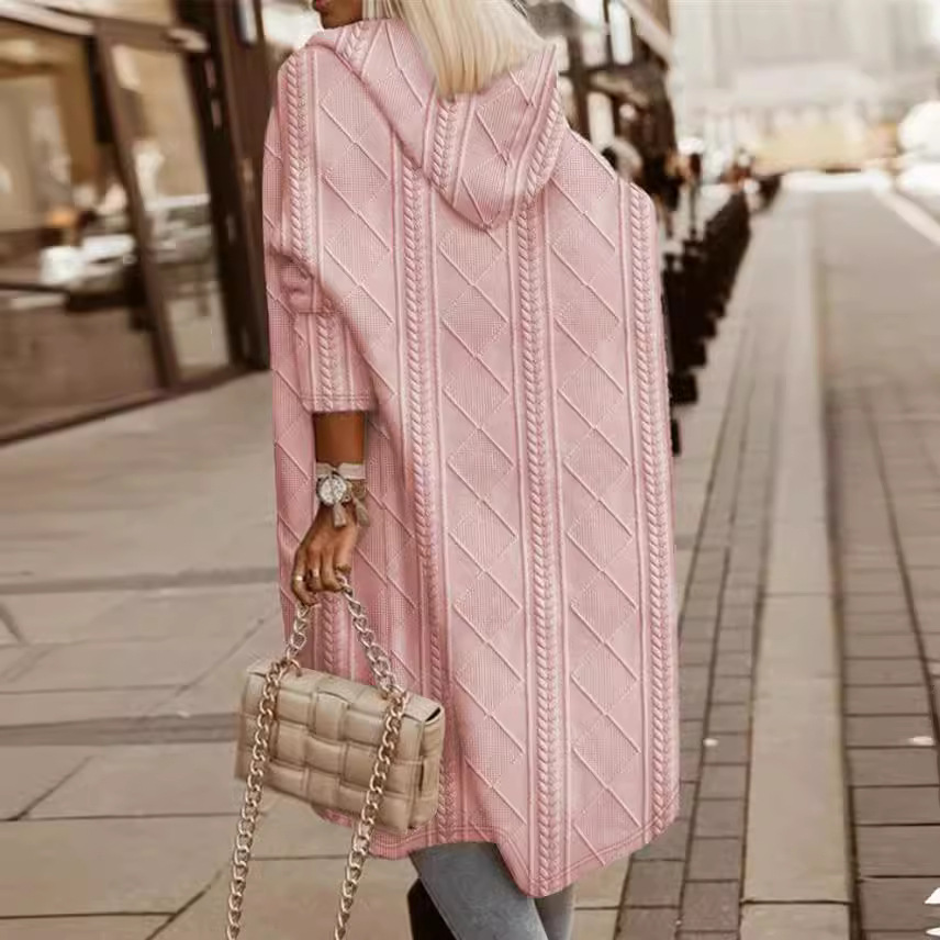 2023 Autumn And Winter New Women's Foreign Trade Europe And The United States Cross-Border Amazon Stranded Flower Texture Hooded Long Trench Coat Specification drawing