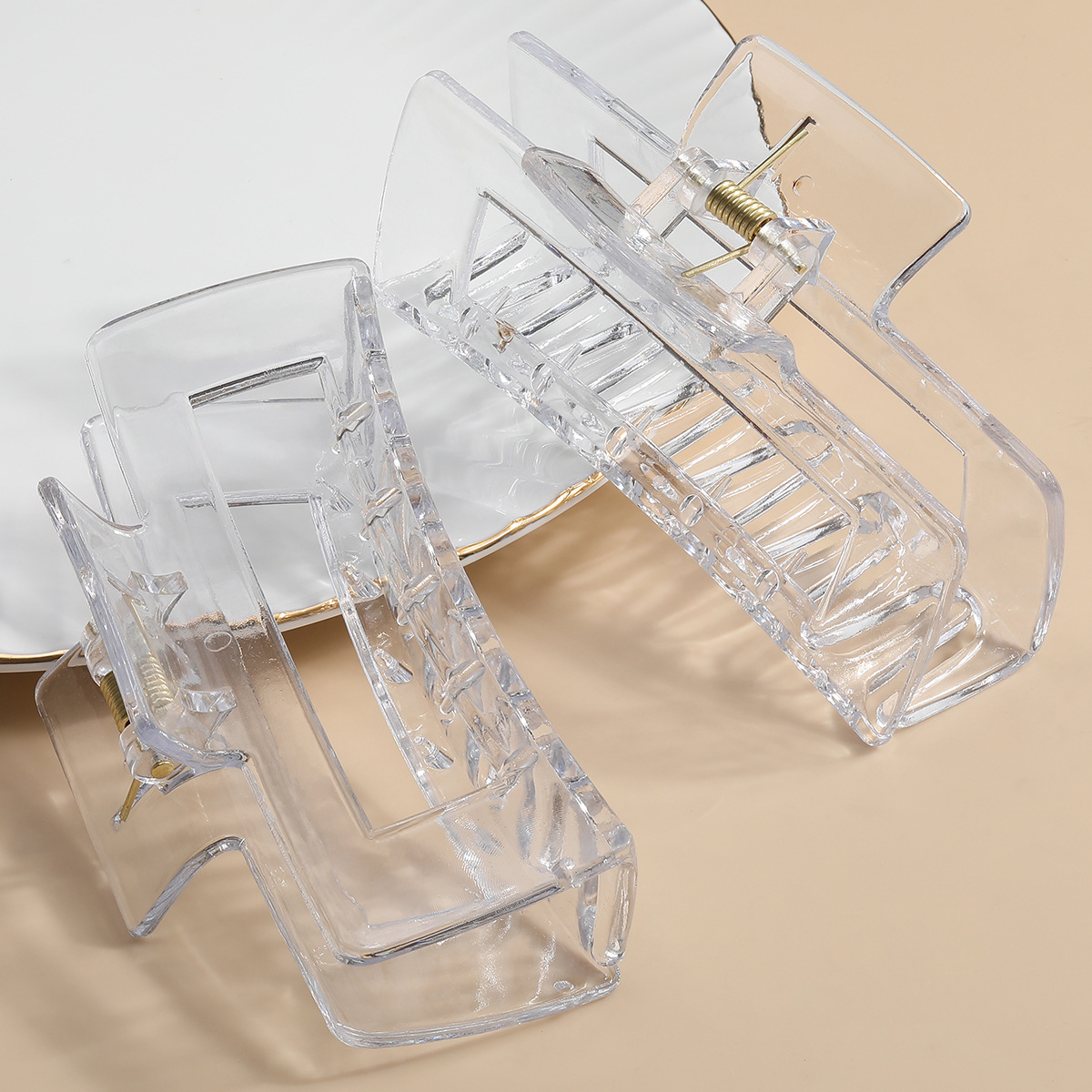 新款10.5厘米透明镂空方块抓夹PS塑料大号抓夹女士后脑勺盘发发夹