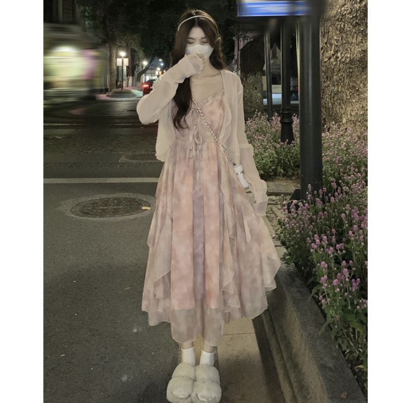 Pink floral gentle wind halter skirt cardigan two-piece small fairy dress female spring dress dress set