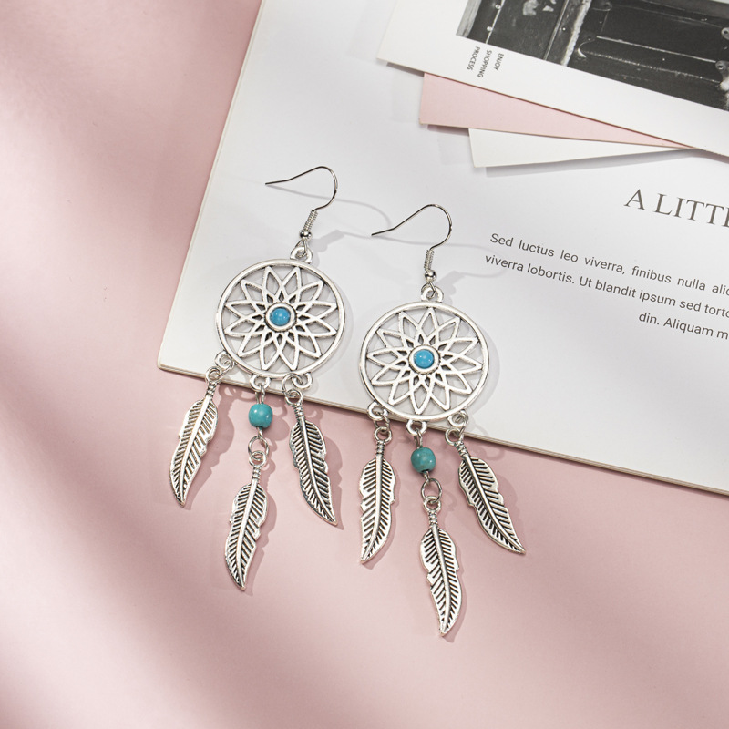 欧美波西米亚民族风饰品流苏羽毛松石捕梦网电影耳环复古耳饰