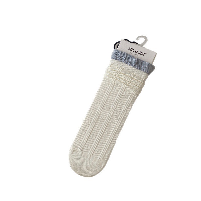 Autumn and winter new straight socks, Japanese-style color-blocking pure cotton lace mid-calf socks, Korean-style MIU-style boneless pile socks for women Item Picture