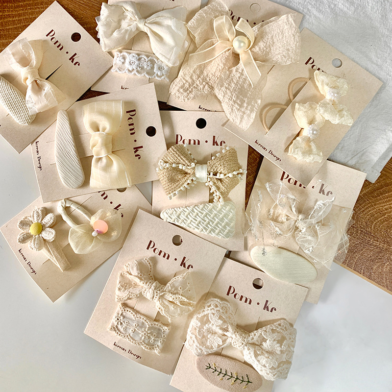 New French lace forest style children's bow hair clips, cream-colored fabric edge hair clips, Korean-style headwear rubber bands details Picture