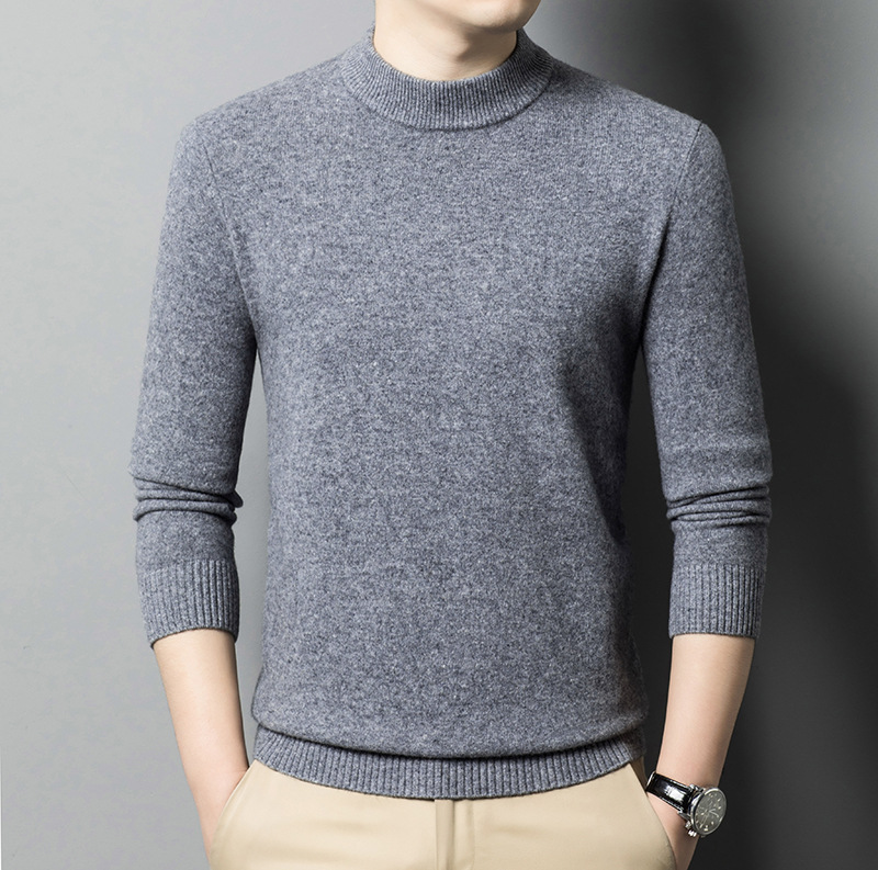 Wholesale of 100 pure wool sweaters for men, thickened and warm, semi-high neck solid color base knitted men's sweaters in Puyuan Specification image