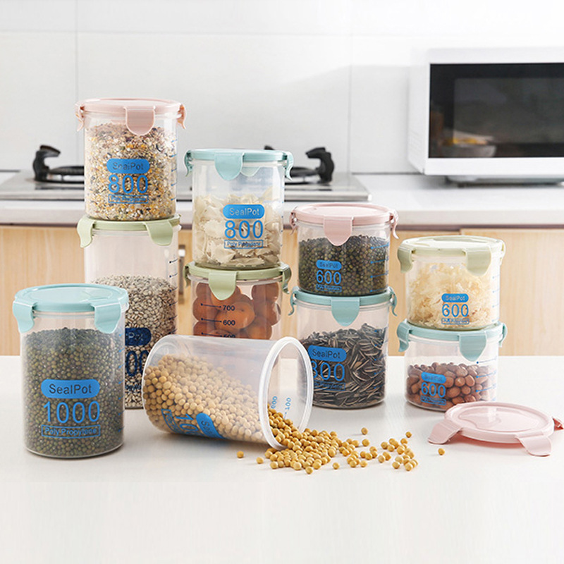 Transparent plastic sealed jars, refrigerator preservation jars, kitchen five-grain storage boxes, food storage and preservation jars