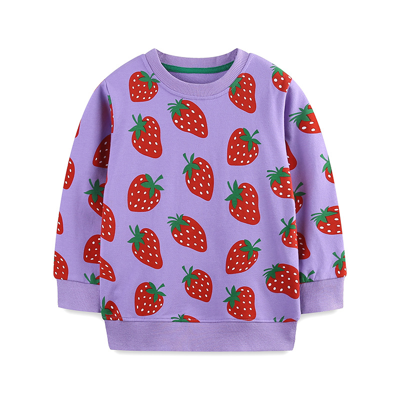 The new autumn collection of children's clothing with a European and American style, featuring cartoon strawberry prints, round-neck sweatshirts and casual base tops for girls, is now available for cross-border purchase Item Picture