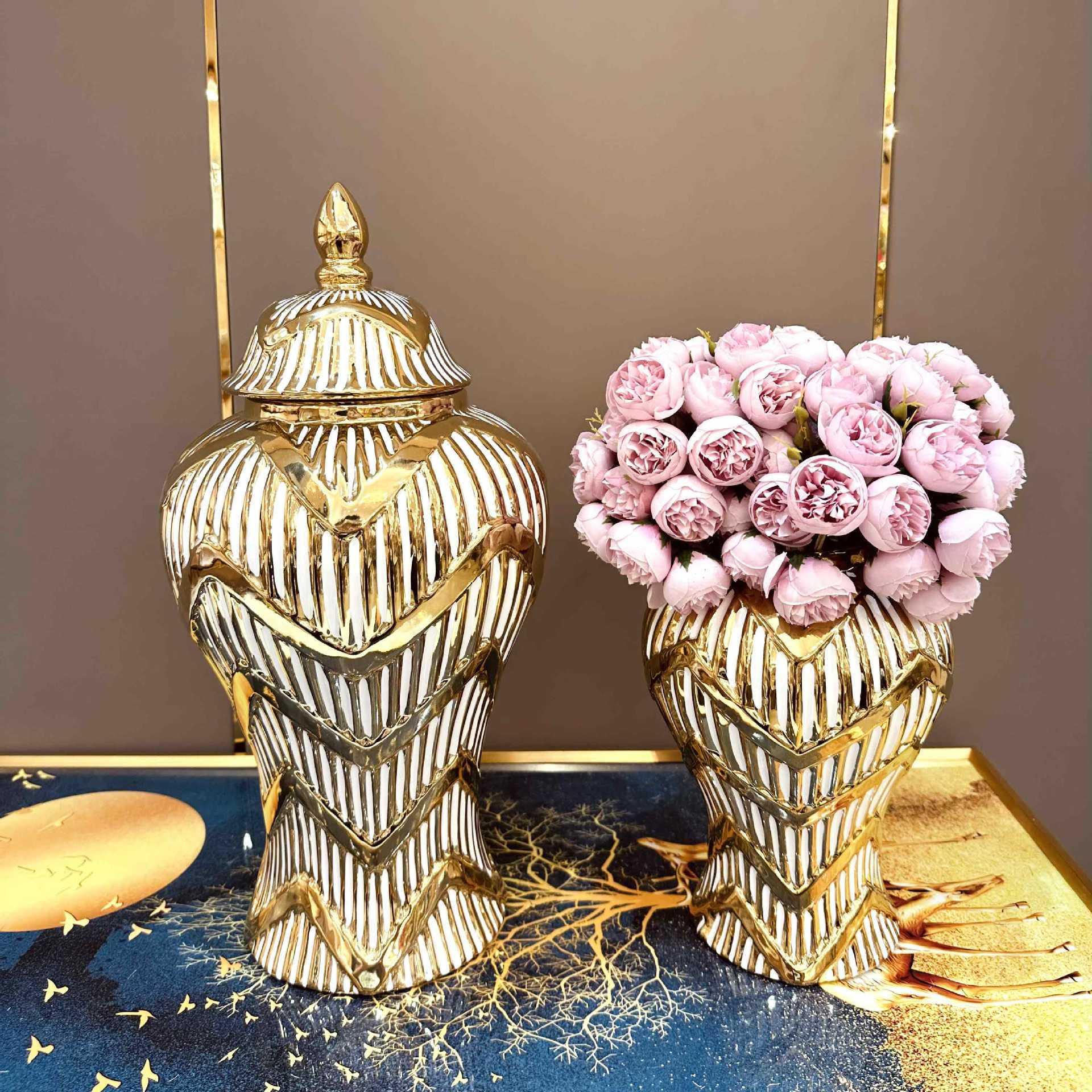Factory direct European-style electroplated golden ceramic general pot vase light luxury crafts model room soft decoration full figure