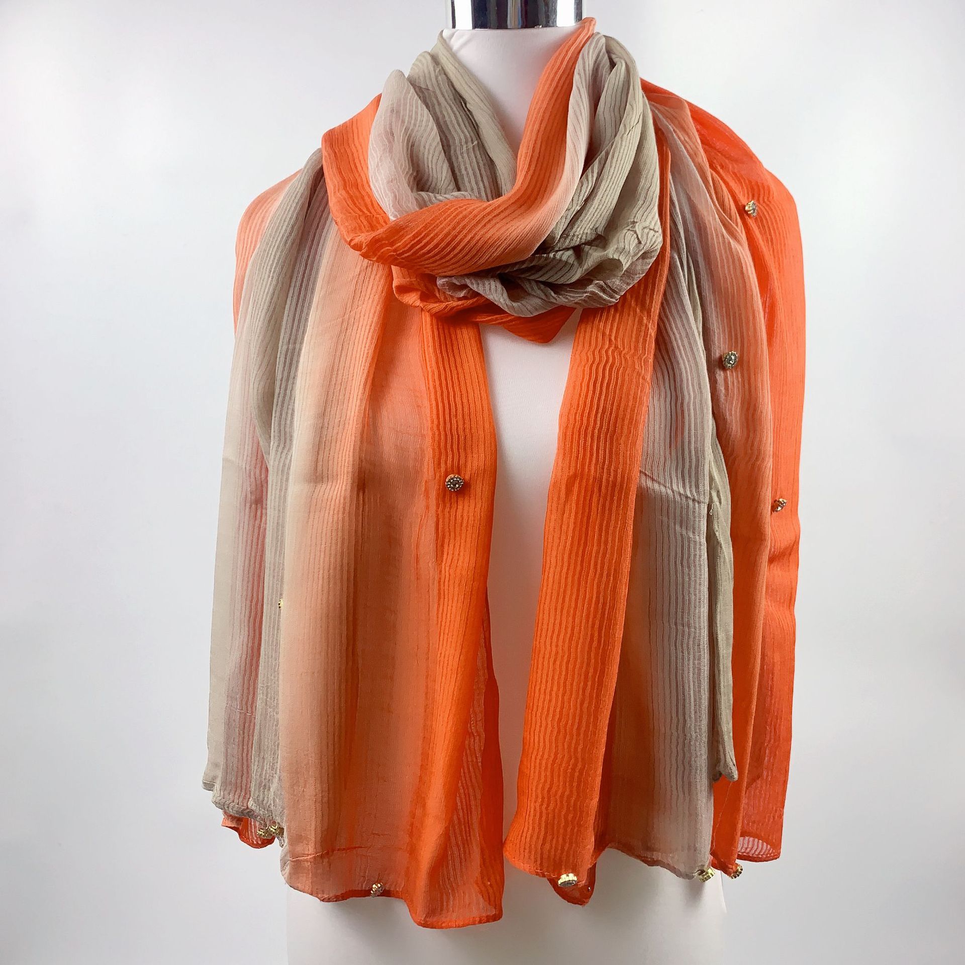 Diamond-encrusted and beaded mulberry silk scarf, two-color transition silk scarf, sun-protective shawl, vertical striped beach scarf, cross-border wholesale for women details Picture