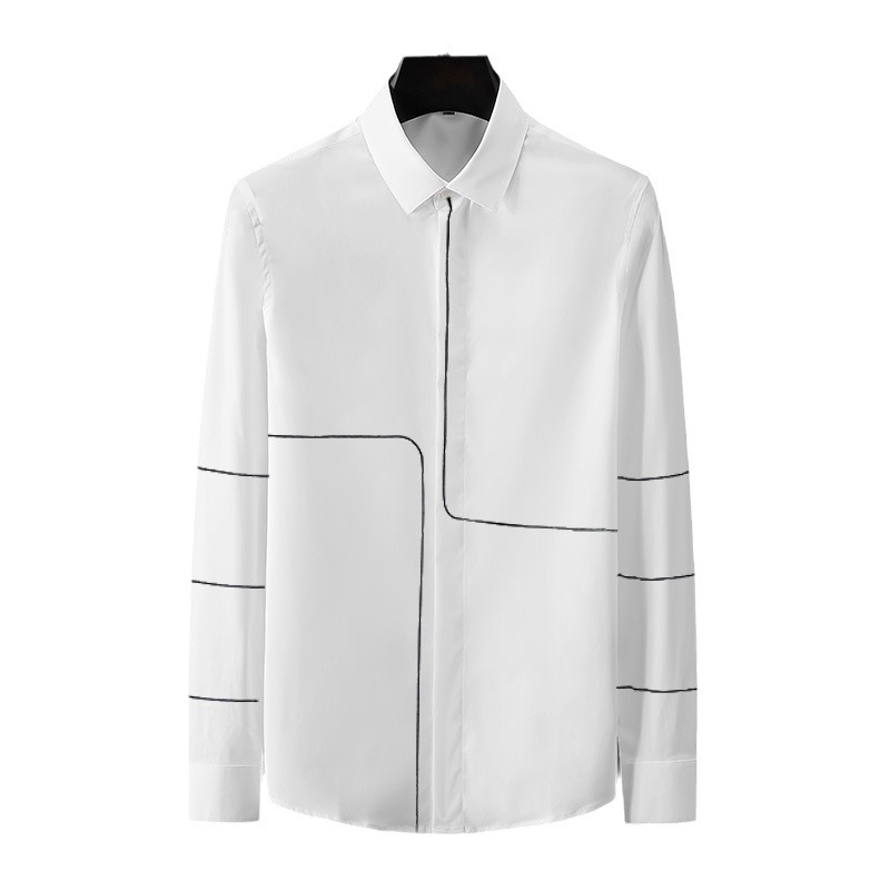 A new European-style simple and elegant solid-color shirt for men's spring and summer, featuring geometric pattern embroidery and a fitted business long-sleeved shirt Item Picture