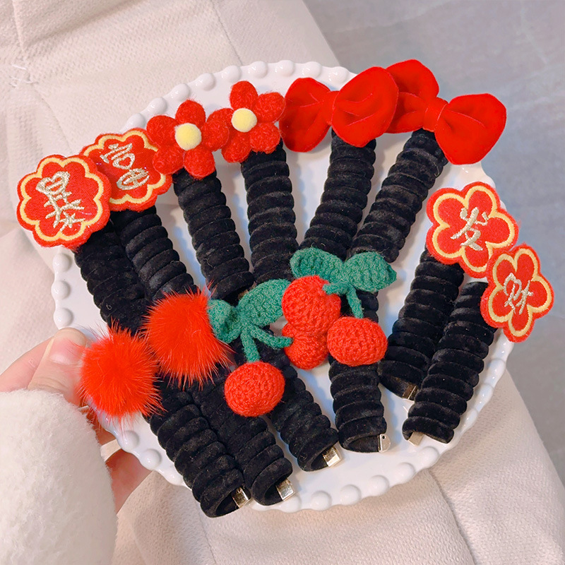 New Year's edition for children: Red bow, telephone line, hair tie, braid, ponytail, bun, hair rope, girls' hair accessory Application Scenario