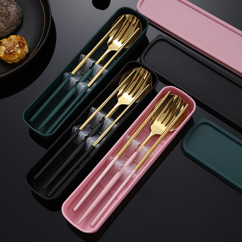 Three-piece set of stainless steel spoons, forks and chopsticks, portable tableware for students, high appearance level tableware storage box, can be printed with logo Application Scenario