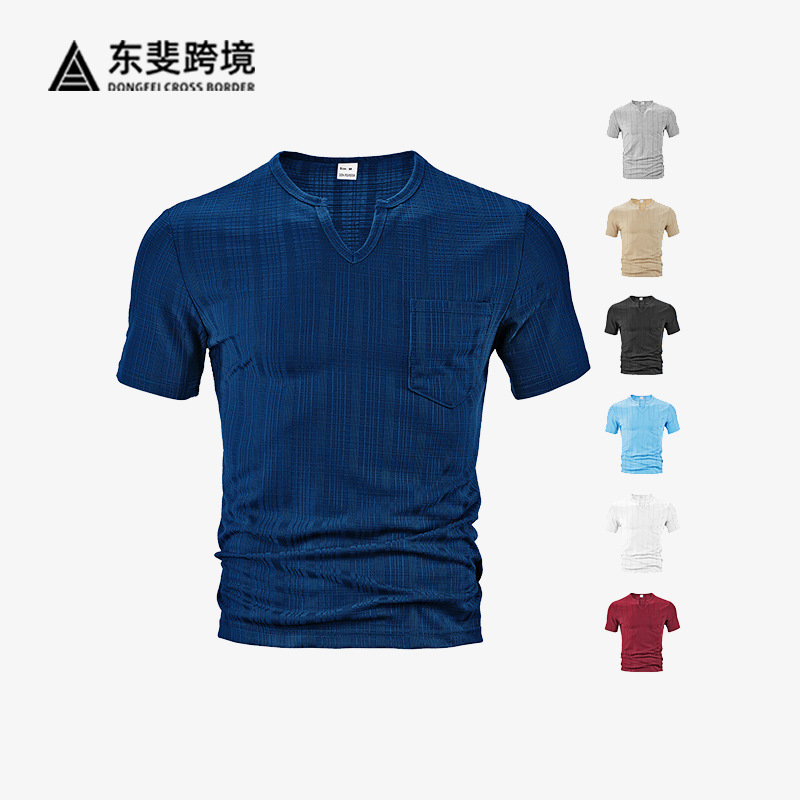 Cross-border men's clothing, a new summer fashion, sporty and casual all-polyester imitation linen small checkered men's V-neck short-sleeved T-shirt