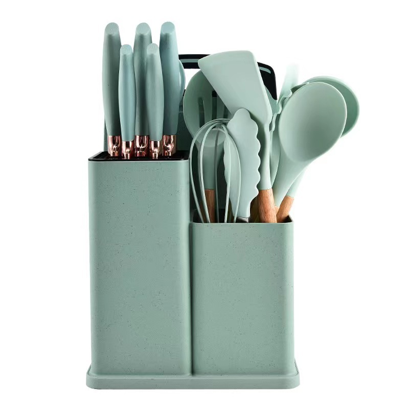 Cross-Border Straw Color Set Silicone Kitchenware Set 19-Piece Knife Set Storage Bucket Kitchen Knife Set Application Scenario
