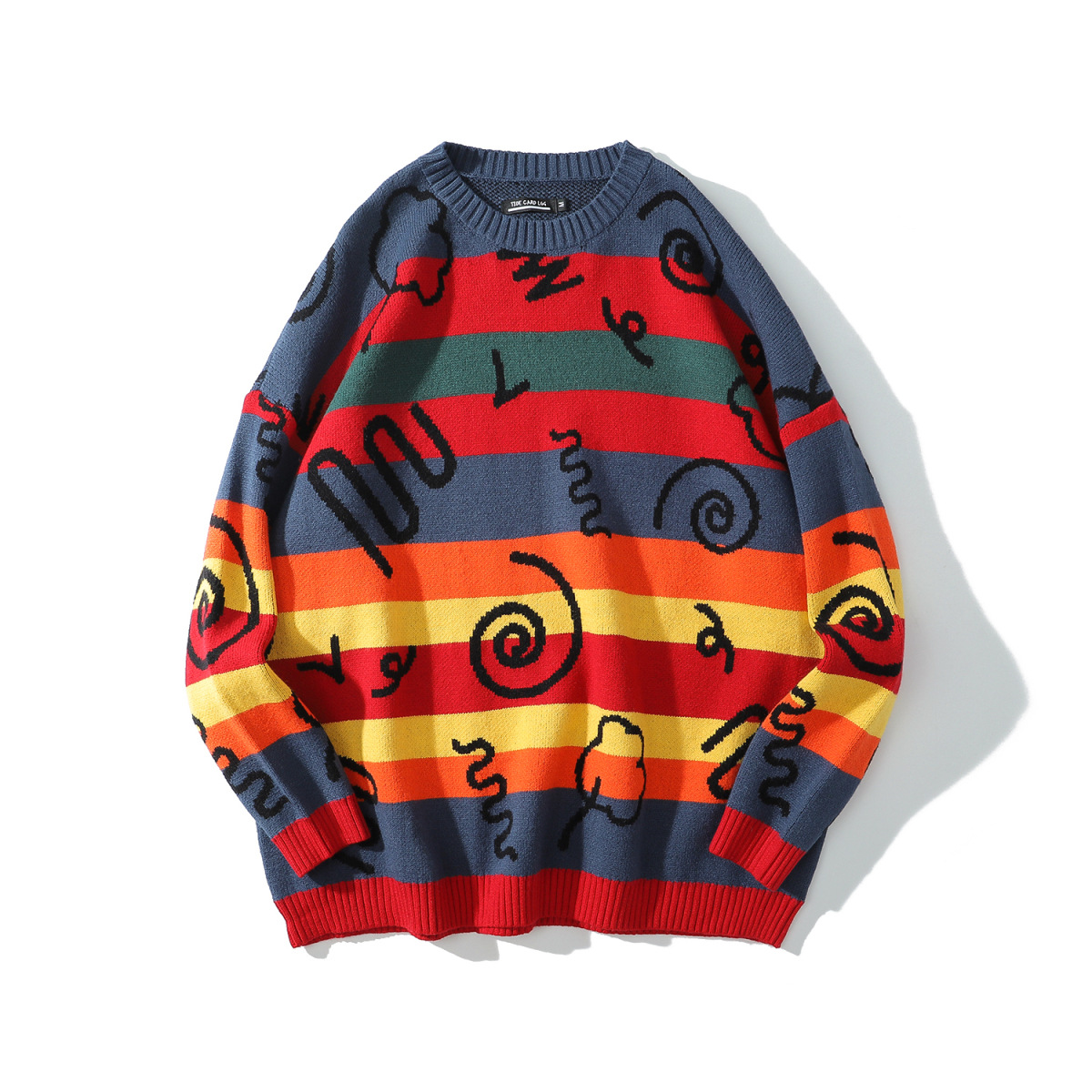 The new autumn and winter collection features round-neck, colorful striped couple sweaters. It is an original trendy brand high street loose and unisex quality knitted sweater Application Scenario