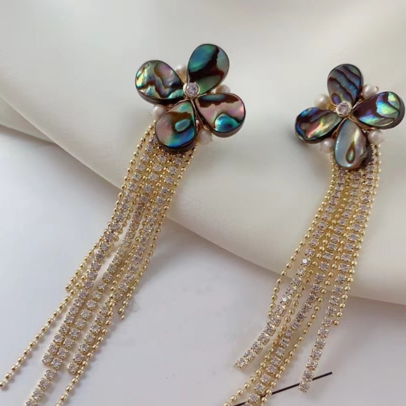 Ed082012 Light Luxury Abalone Shell Pearl Fringe Earrings Senior Sense Earrings Retro New Flower Long Fringe details Picture