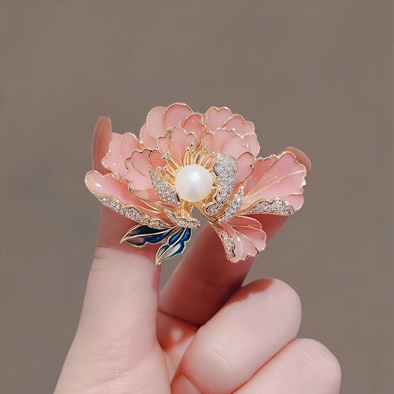Cross-border Korean version pearl enamel peony flower brooch, women's niche high-end sense brooch, diy high-end suit brooch Specification image