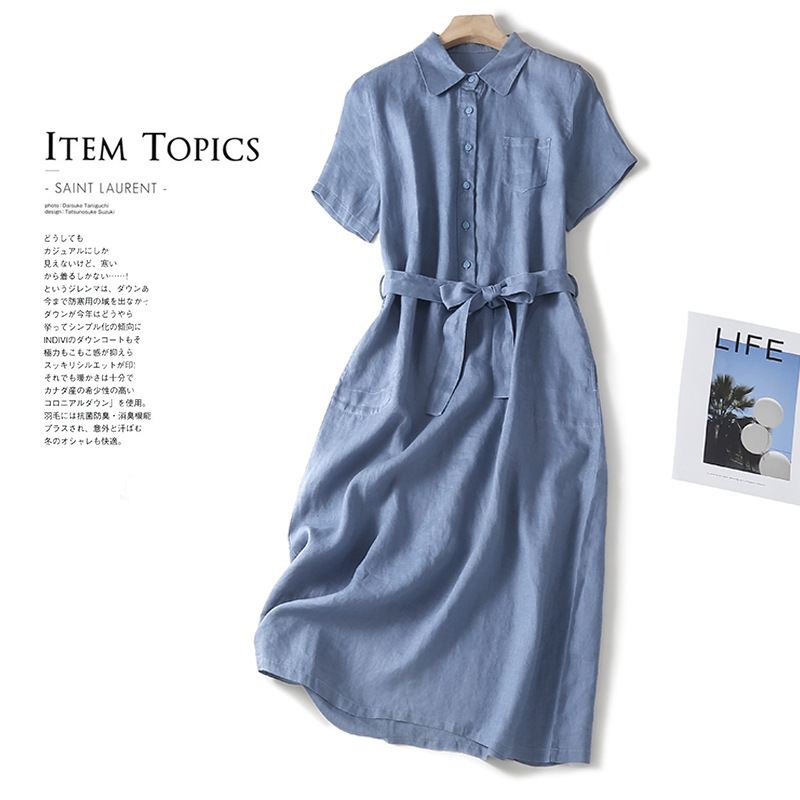 A real photo of a large-sized solid color loose mid-length short-sleeved dress in the summer of 2025, which is a new style of artistic and retro style details Picture