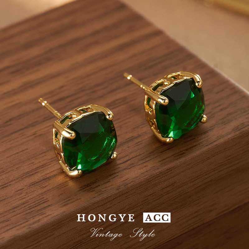 绿色方形耳钉水晶中古Vintage饰品耳饰925新复古轻奢高级感耳环女