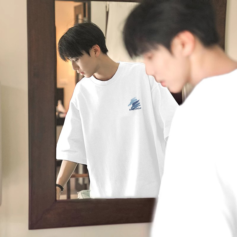 Pure cotton men's short-sleeved T-shirt 2025 summer American high street ins casual trend loose T-shirt top details Picture