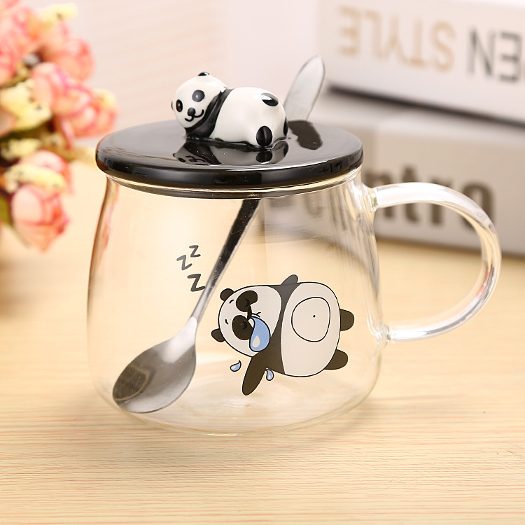 Ceramic panda glass with 3D panda lid water cup