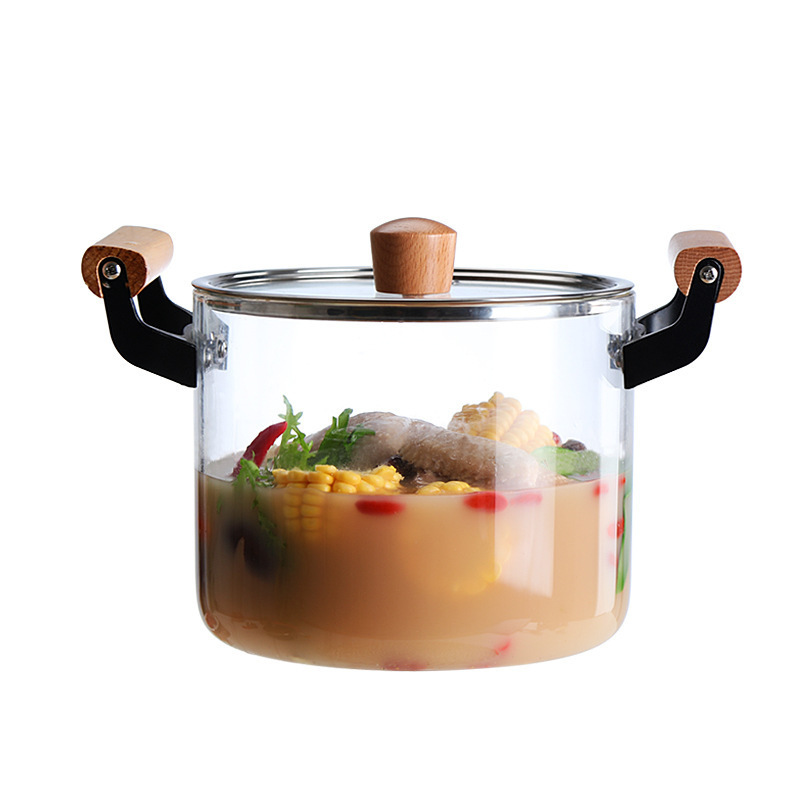 Transparent glass pot, induction cooker, soup pot, open flame high borosilicate glass pot, stewing pot, wooden handle pot, double-ear steamer, soup pot Item Picture