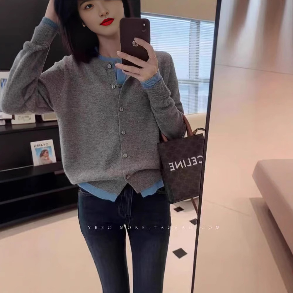 100% wool sweater, Korean-style color-blocked women's high-end laid-back style fake two round-neck knitted cardigans layered over a sweater coat Application Scenario