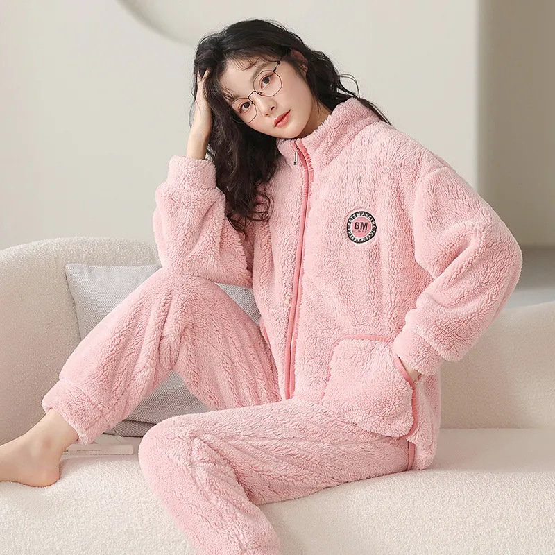 Autumn And Winter Flannel Pajama Head Coral Velvet Pajama Women's Thickened Japanese Women's Homewear Set With Velvet Winter details Picture