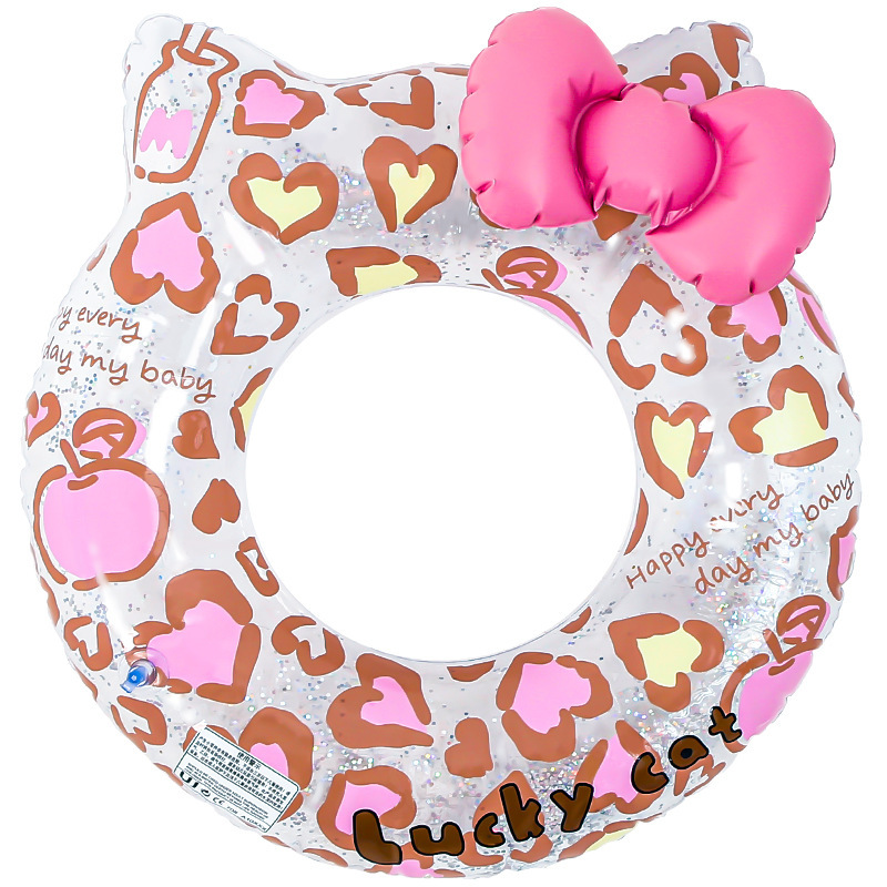 24 New Leopard Print Cat Head Swimming Ring Cartoon Bow Swimming Ring Children's Environmental Transparent Film Handle Seat Ring Item Picture