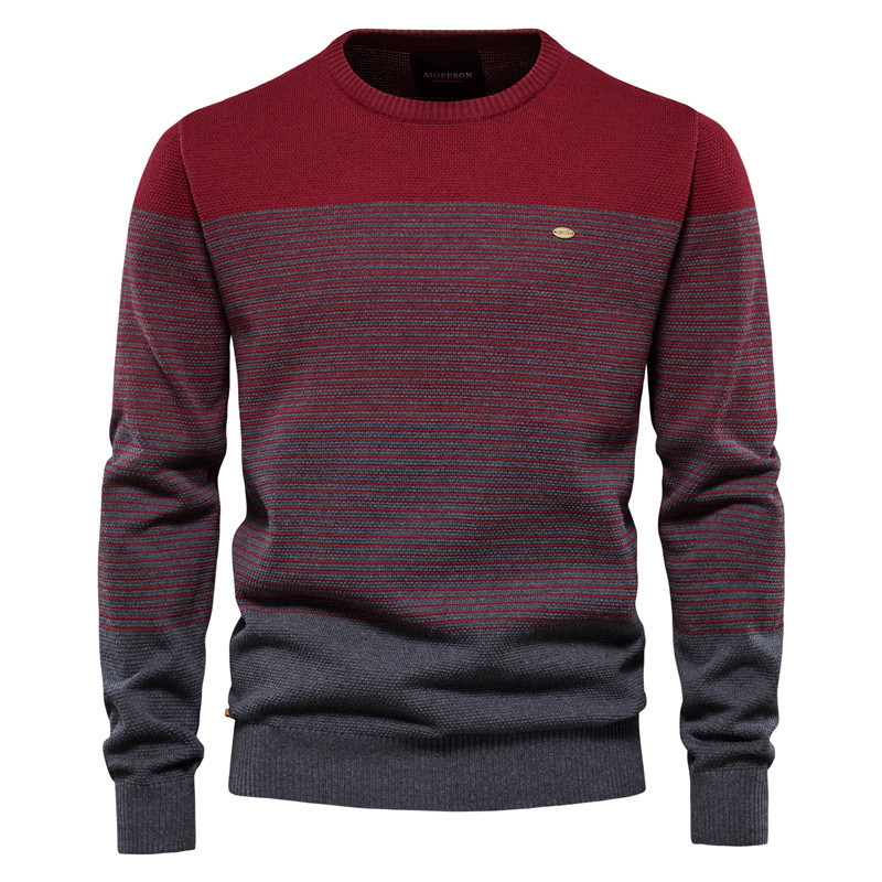2021 autumn Hong Kong-style retro top, long-sleeved trendy men's sweater, slim-fit round-neck striped men's European-sized knitted sweater Specification image