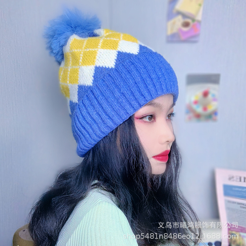 Hat Woman New 2021 Autumn And Winter Hot Sell Plaid Jacquard Warm Knit Hat Lady All Ride Windproof Woolen Hat details Picture