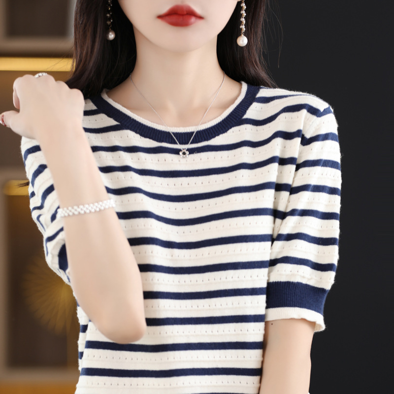 Summer women's tops, all-solid-color knitted cotton short-sleeved women's T-shirts, women's round-neck vests, striped loose, wholesale and consignment for foreign trade Specification image