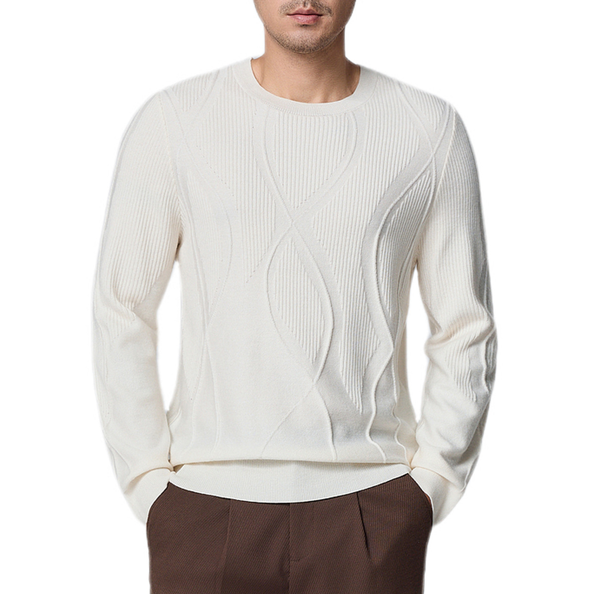 Momeck men's striped jacquard men's woolen sweater 2024 Winter New Style Simple round Neck Sweater for men 21886 Item Picture