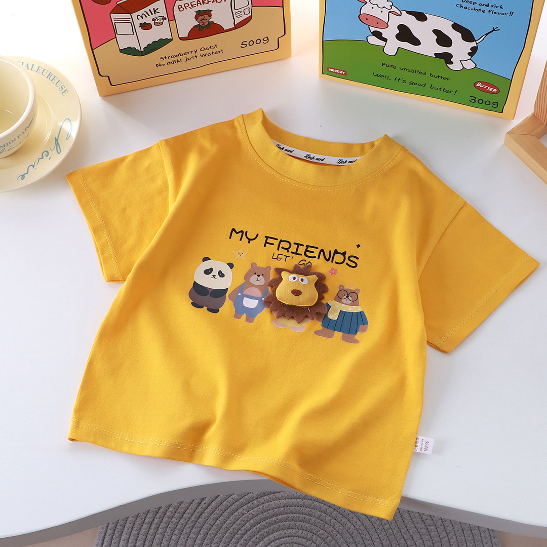 New cartoon 3D doll T-shirts for children, short sleeves, pure cotton for boys and girls, summer single-piece parent-child outfits for medium and large children details Picture