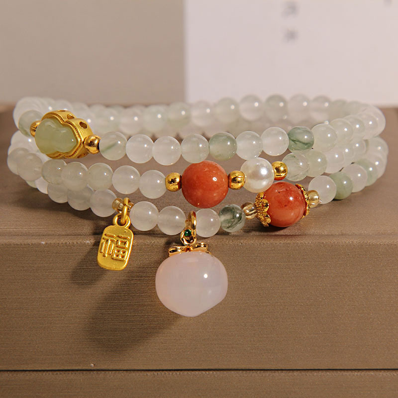 New Chinese-style Tianshan jade multi-layer jade bracelet for women, ins, niche, light luxury and high-end style, gourd and peach beaded bracelet