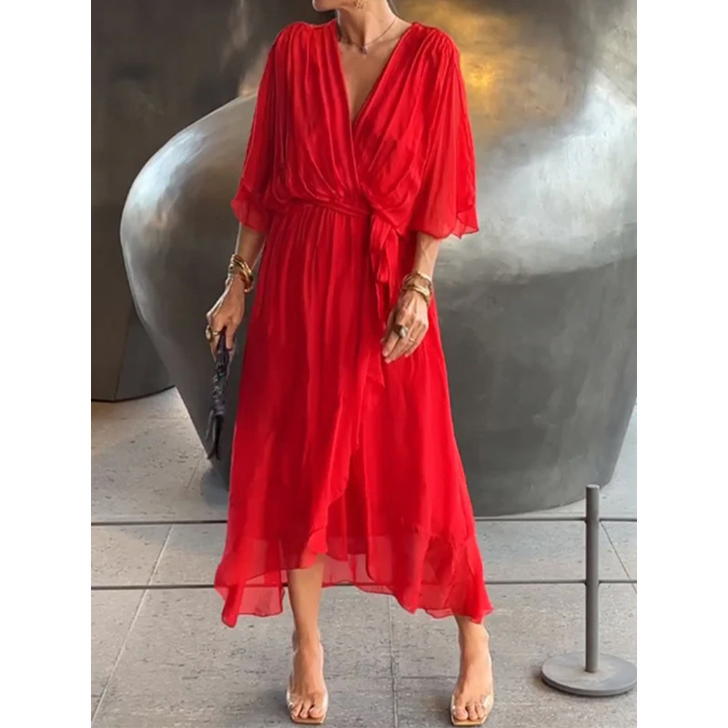 2024 New European and American women's clothing cross-border Amazon solid color long dress with bat sleeves, irregular dress, large size Specification image