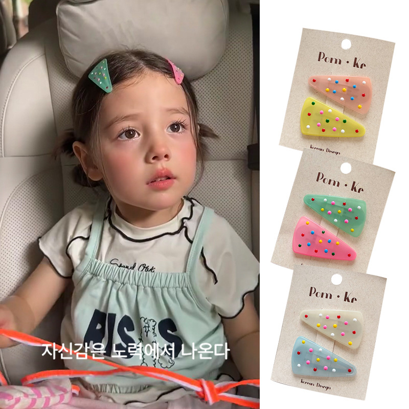 New Korean jelly-colored stir-fried cute triangular polka dot hair clips, side bangs clips, Bye clips, children's versatile designs
