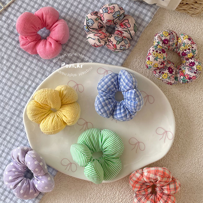 New Korean-style sweet children's hair band, fabric checkered flower-filled cotton bun hair rope, small leather band hair accessory for women