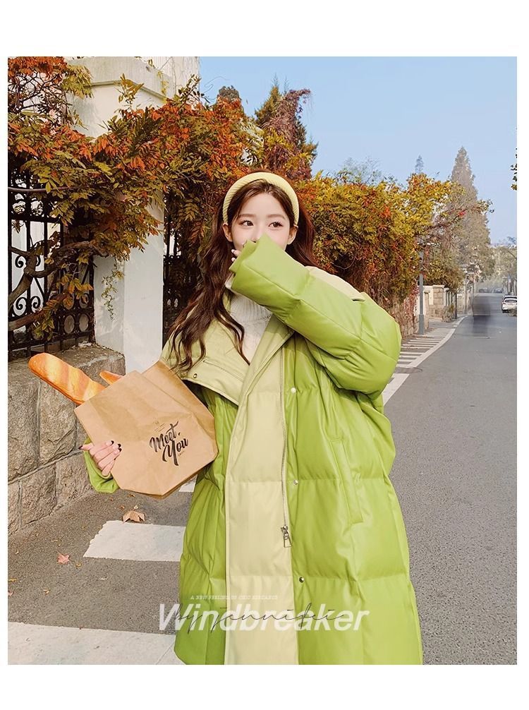 Aguacate verde pato blanco abajo PU piel abajo chaqueta para mujeres estilo mediano largo diseño de nicho sentido influencers estilo explosivo abrigo sin lavado pic 22