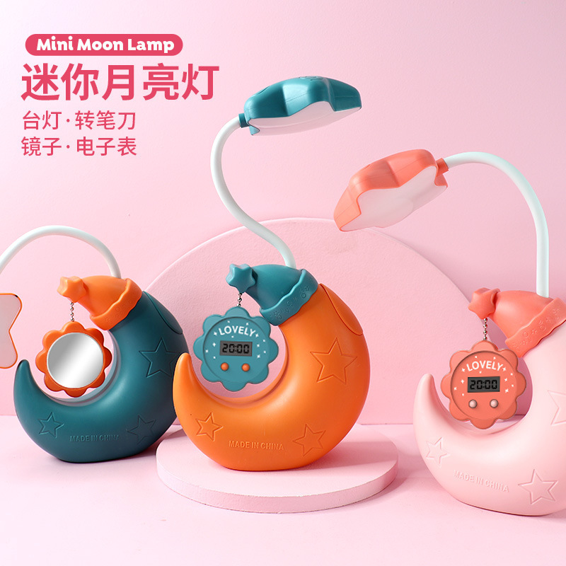 New cartoon moon LED pen holder desk lamp with clock, mirror, pencil sharpener, student charging, night light and logo printing