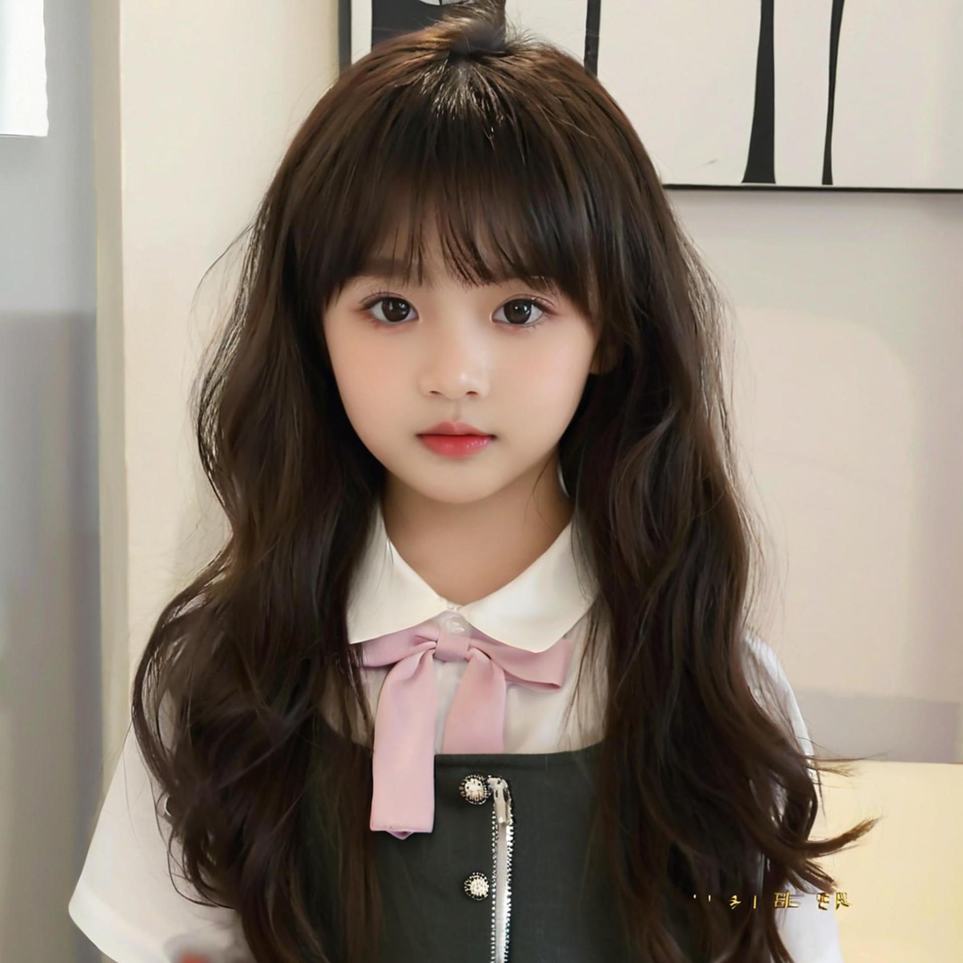 Hot-selling children's long curly hair, straight bangs, synthetic fiber baby head simulation wig, full head set, children's wig set on Douyin Store