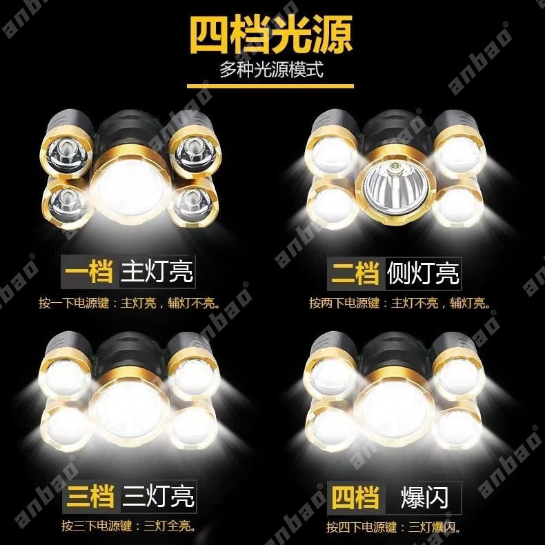 Outdoor USB rechargeable 5-lamp head-mounted high-intensity flashlight, LED emergency fishing lamp, large-diameter safety helmet, miner's lamp Specification image