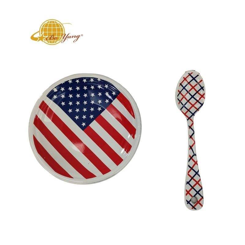 厂家直销高品质星条搪瓷碟子美国国旗图案杯碟支持设计logo图案