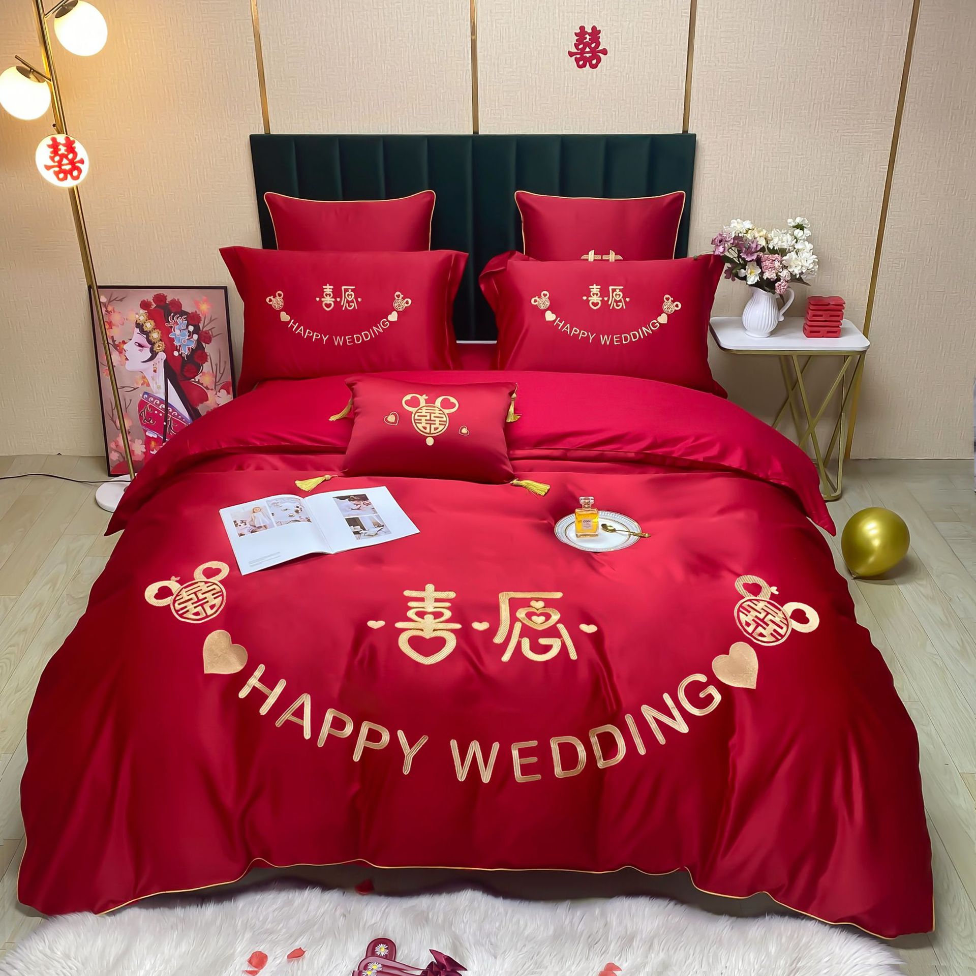 婚庆四件套红色纯棉100s简约婚房多件套大红刺绣婚礼结婚床上用品详情图3