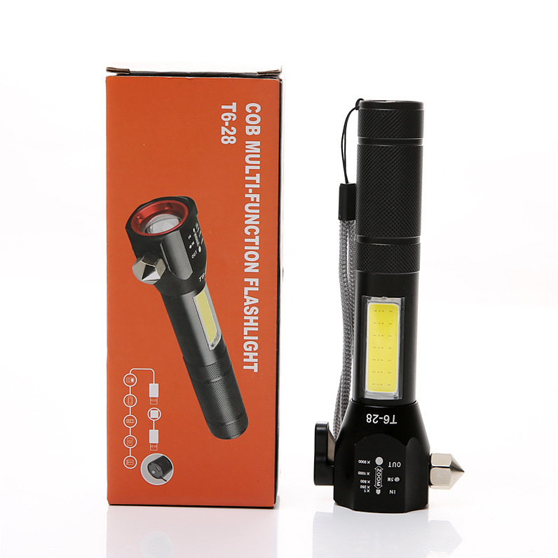 新款多功能USB充电T628手电筒户外带安全锤cob侧灯强光照明手电筒详情图5