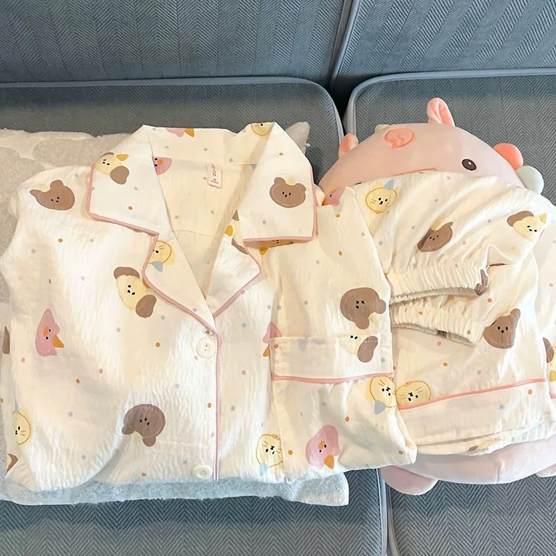 纯棉ins甜美少女短袖睡衣女夏季薄款可爱卡通宽松家居服套装套装