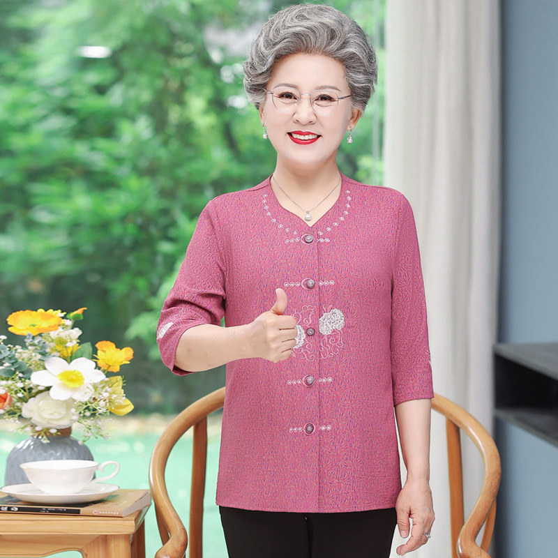 中老年女装绣花桃领开衫衬衣扣子秋季简单朴素上衣新款妈妈奶奶装