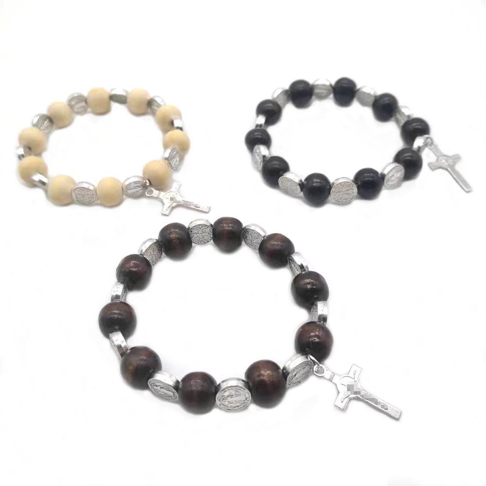 Europe And The United States Foreign Trade Amazon Hot Sell Cross Rosary Bracelet Wooden Beads + Saint Benedict Bracelet For Men And Women Couples Gift Elastic Beaded Jewelry Manufacturers Wholesale Item Picture