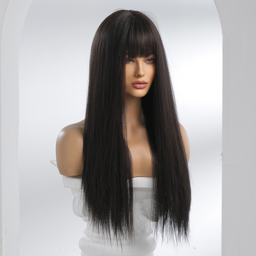 Female long hair wig, Internet celebrity style, Korean-style black long straight realistic natural wig, full head cover, machine-made chemical fiber wholesale Specification image