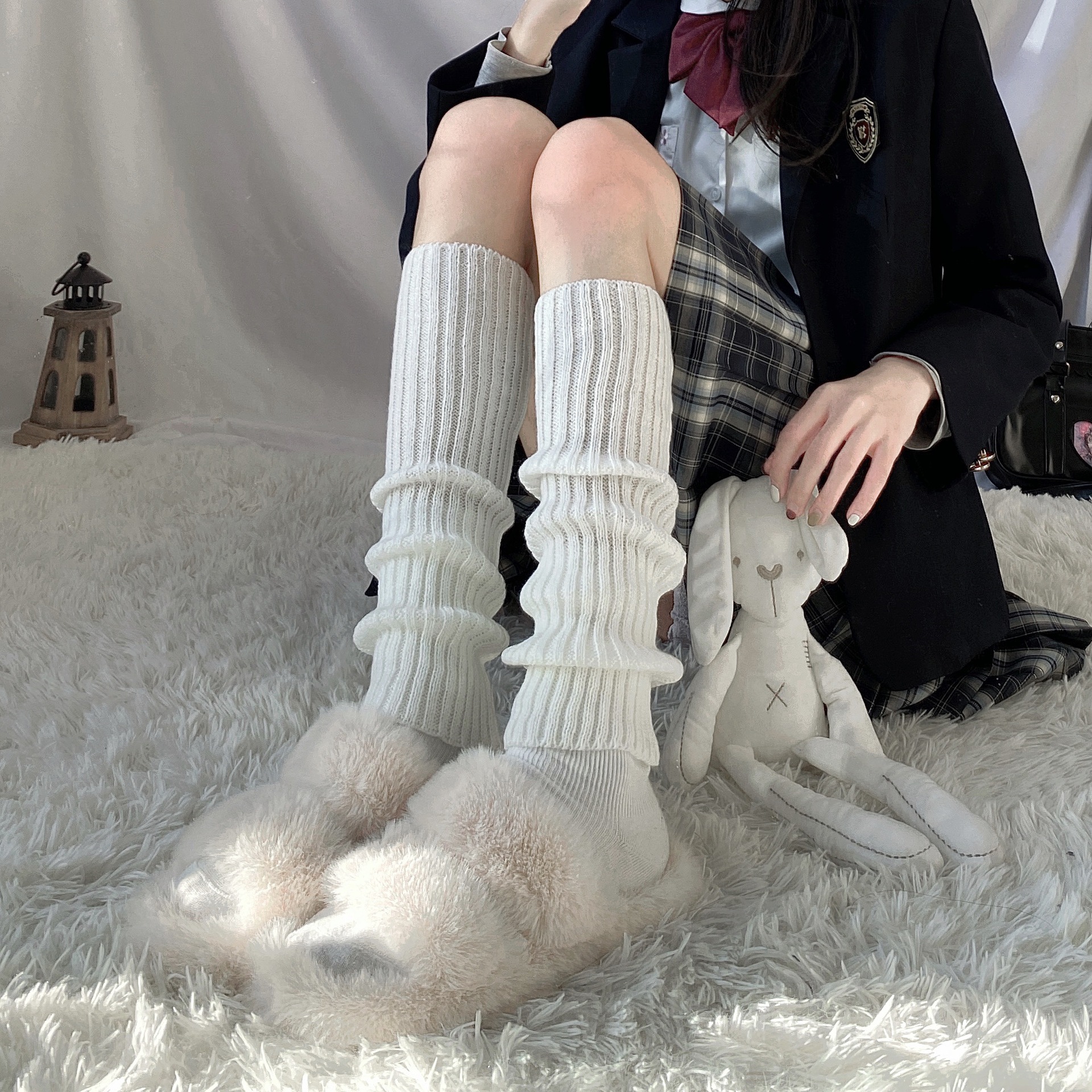 Japanese-style lolita solid-color striped hosiery for women's autumn and winter warmth and leg protection, cute and soft Lolita mid-calf socks Specification image
