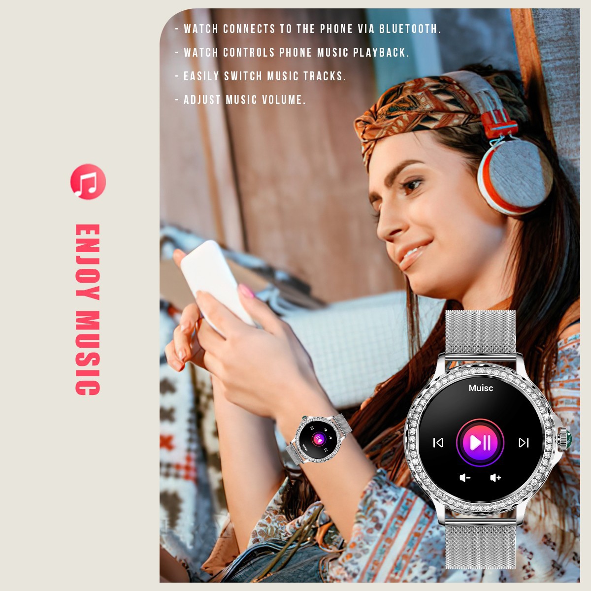The new NX19 women's smartwatch features Bluetooth calls, heart rate, blood oxygen, physiological cycle, sports, and is a fashionable diamond-encrusted watch Item Picture
